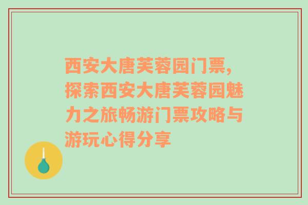 西安大唐芙蓉园门票,探索西安大唐芙蓉园魅力之旅畅游门票攻略与游玩心得分享